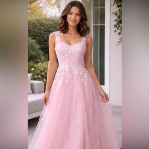 Pink Gown with white accents & tulle layers